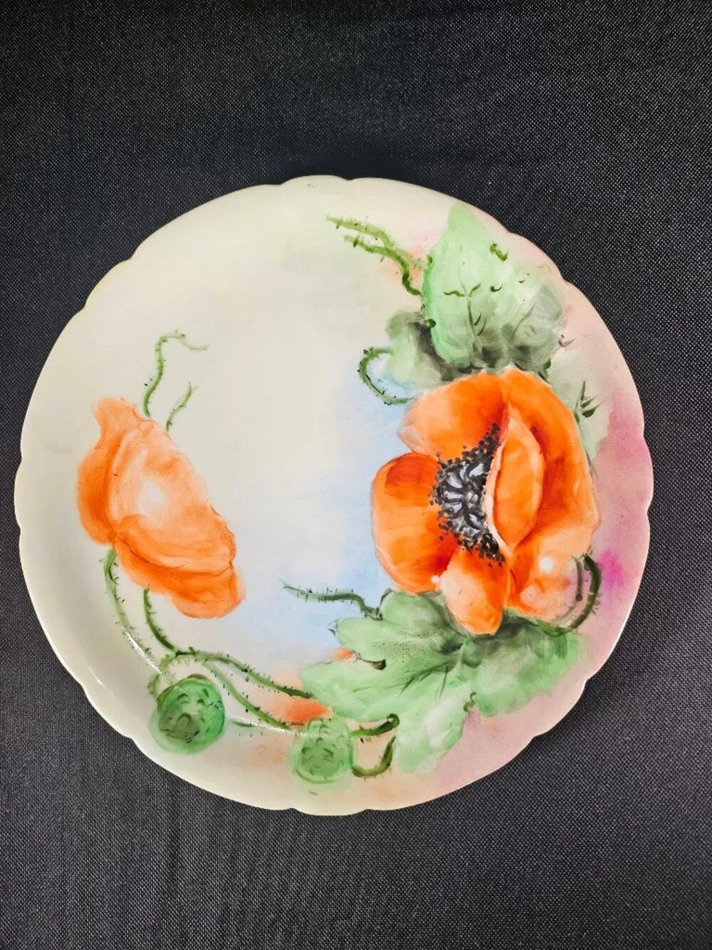 Antique JPL Pouyat Limoges France Hand Painted Orange Poppy Porcelain Plate